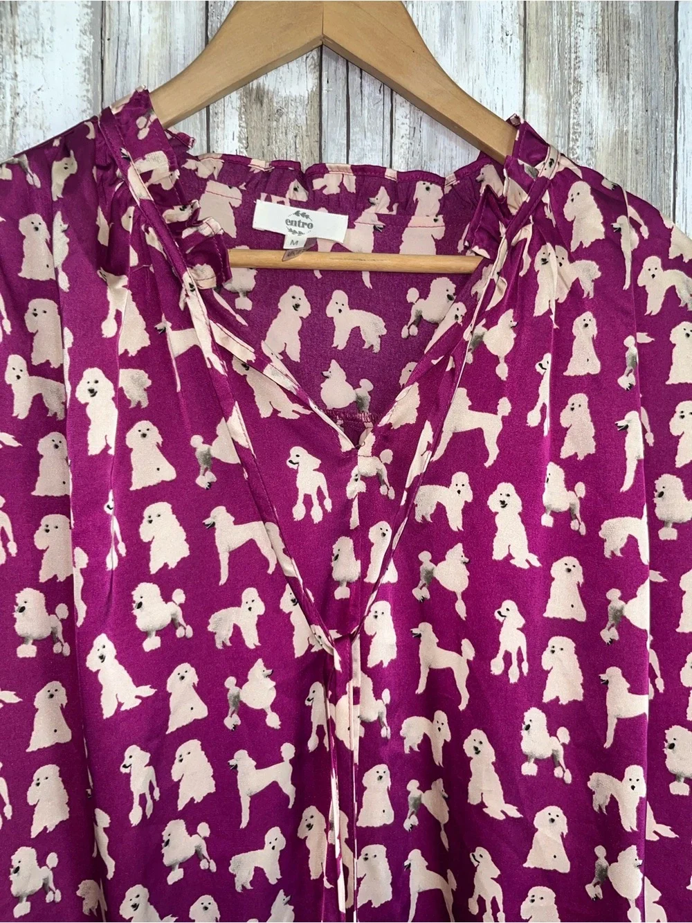 Entro Dog Print Blouse M Pink Poodle Print Flowy Boho Tie Neck Long Sleeve Top - Picture 5 of 6